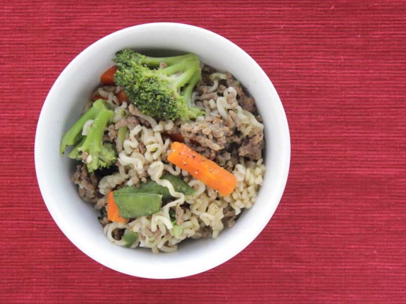 Bowl of ramen with beef, broccoli and carrots