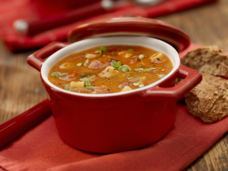 Bean and Noodle Soup in a red bowl