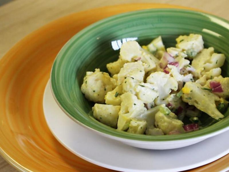 Mock-Tato Salad in a green bowl