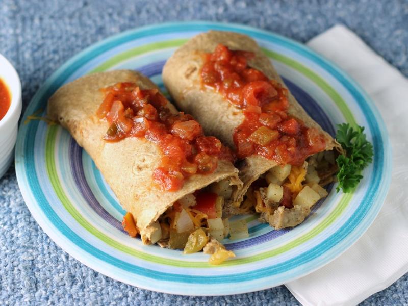 Breakfast Burritos on a striped plate