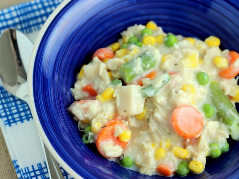 Easy Chicken and Vegetable Chowder in a blue bowl