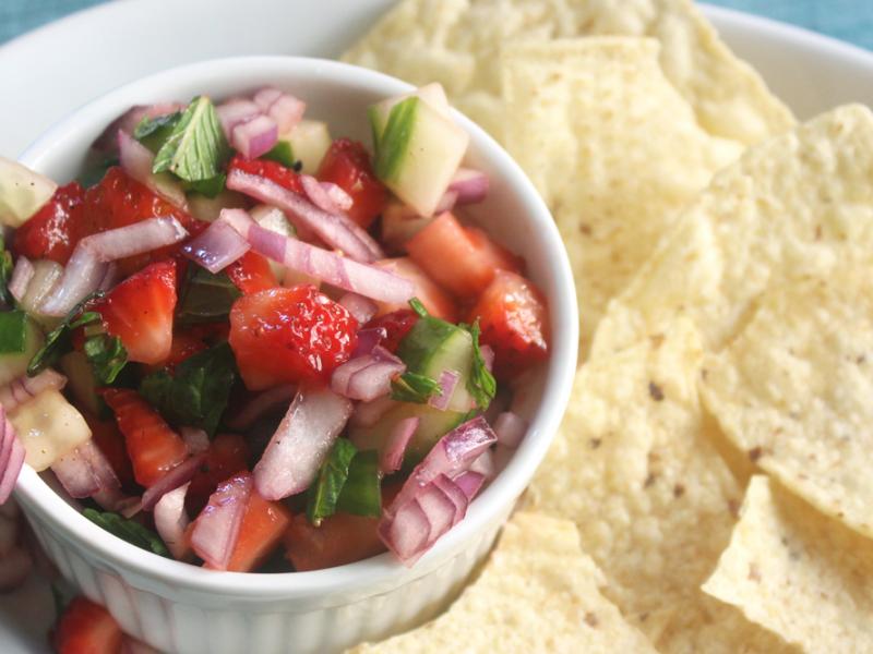 cucumber strawberry salsa with side of tortilla chips