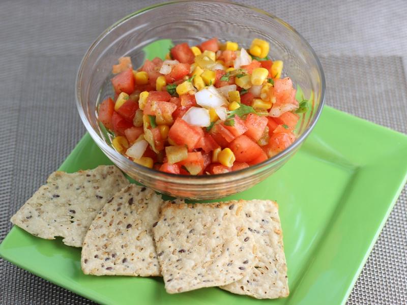 tomato corn salsa with whole grain chips on the side