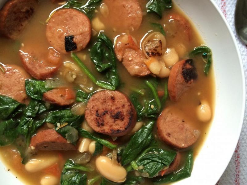 Quick Spinach, Sausage, and White Bean Stew in a bowl