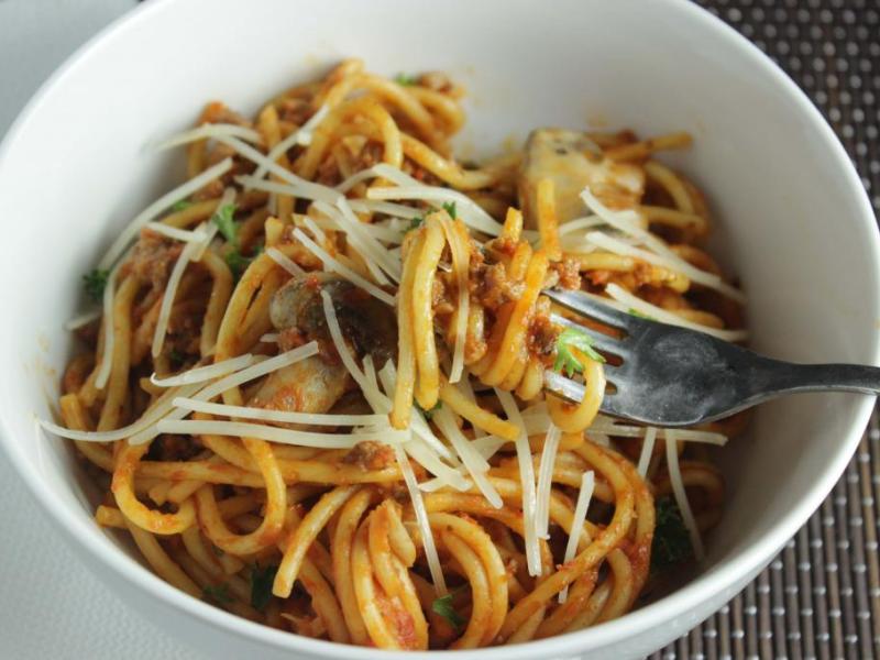 Skillet Spaghetti in a white bowl