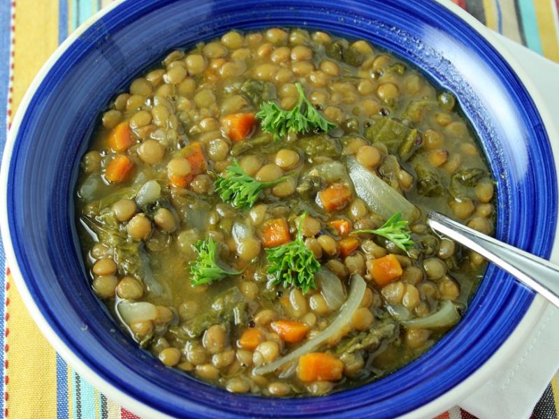 bowl of slow cooker vegetable and lentil stew